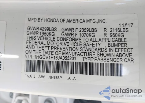 2018 Honda Accord Lx from USA, damaged, VIN 1HGCV1F16JA055201